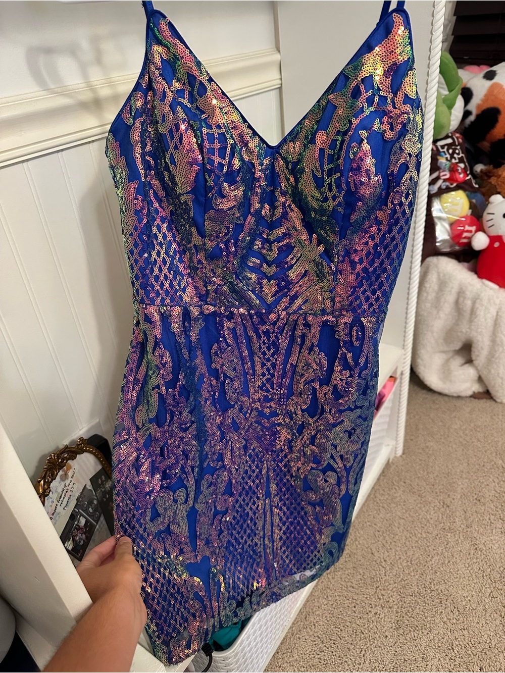 Iridescent Blue Sequin V-Neck Mini Dress